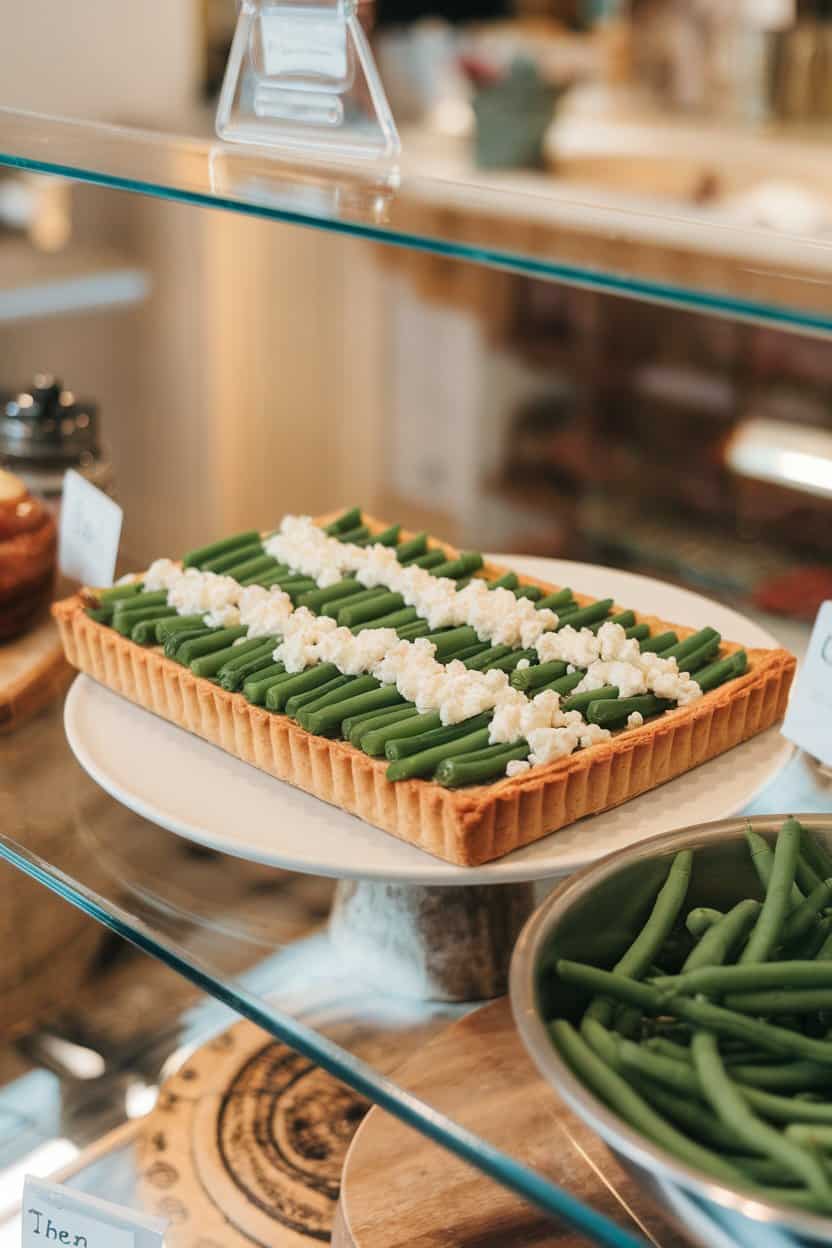 Indoor bakery counter with a rectangular puff pastry tart topped with goat cheese crumbles and rows of green beans; soft spotlight, no text or logos