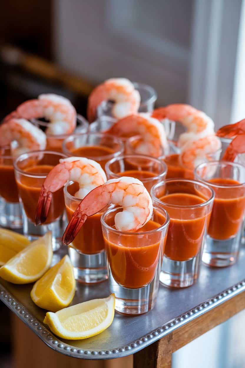 Indoors, a tray of clear shot glasses filled with zesty cocktail sauce and a cooked shrimp hooked over each rim, lemon wedges nearby. No text or logos, photo.