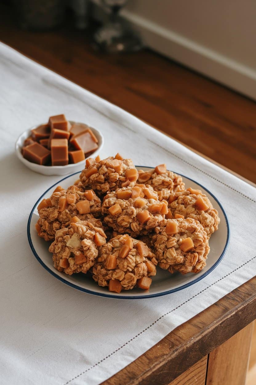 Photo of an indoor wooden table with chewy oatmeal cookies studded with diced dried apples and caramel bits, set beside a small dish of soft caramels—no text or logos.