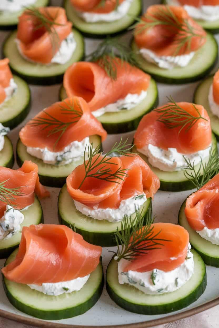 Close-up indoor shot of cucumber rounds topped with smoked salmon ribbons and a dollop of herbed cream cheese, garnished with fresh dill. Neutral background, no text or logos. Photo only.