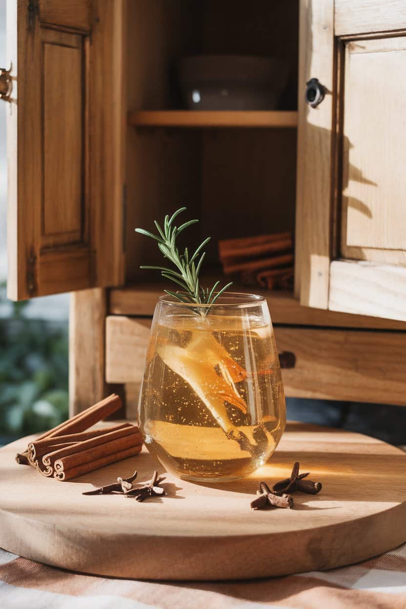 Stemless wine glass indoors holding effervescent golden cider with visible ginger slivers and a rosemary sprig; natural afternoon light, no text or logos. Photo only.