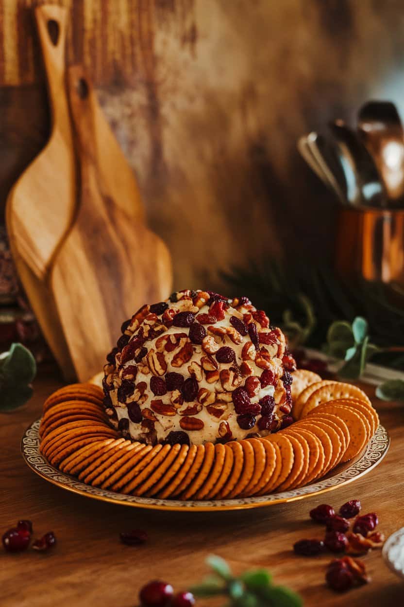 Indoor kitchen counter with a round cheese ball coated in dried cranberries and chopped pecans, crackers fanned around it. Warm lighting, no text or logos, photo.
