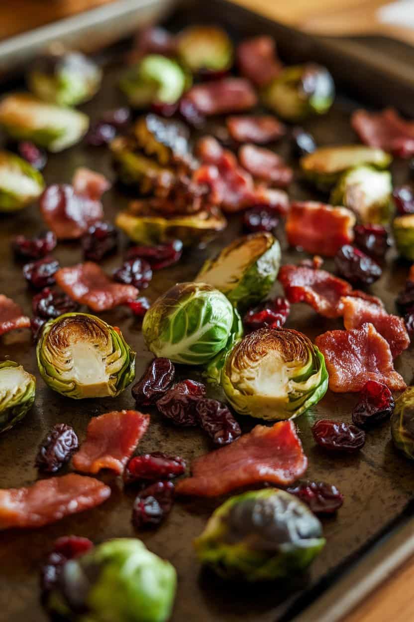 Indoor photo of a baking tray holding roasted Brussels sprouts mixed with crisp bacon pieces and dried cranberries, warm kitchen lighting, no text or logos