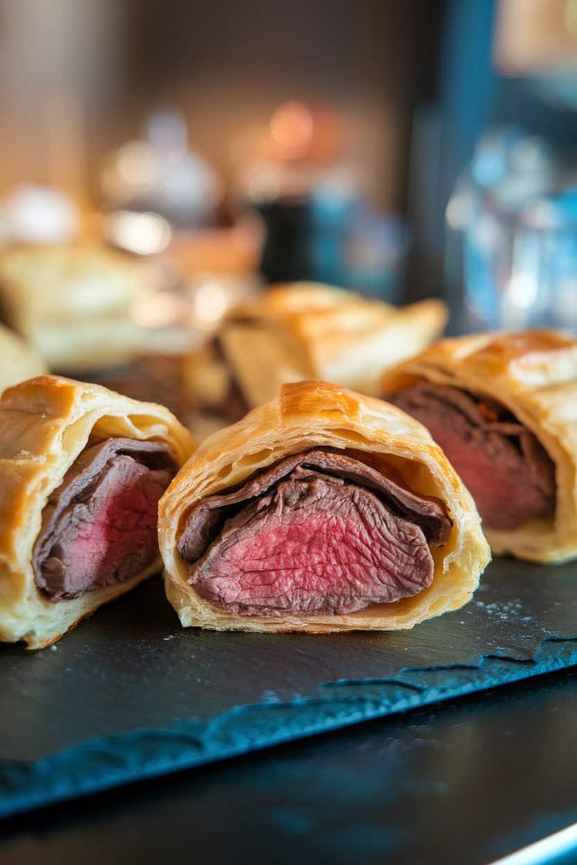 Indoor shot of small puff pastry parcels cut open to reveal medium-rare beef and mushroom duxelles, served on a slate board. Soft warm lighting, no text or logos, photo.