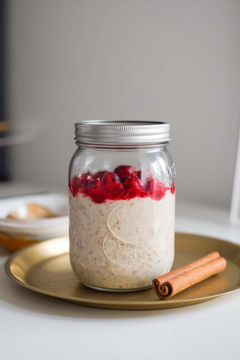 An indoor breakfast tray with a mason jar of layered cranberry-spice overnight oats, cinnamon stick resting beside it. No text or logos, photo only.