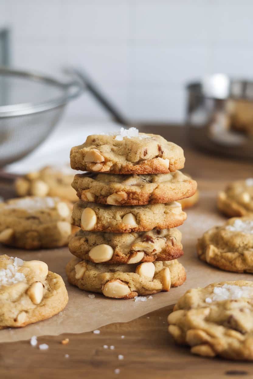Photo prompt: Indoor counter with blond cookies packed with white chocolate chunks and macadamia nuts, slight overhead angle, no text or logos.