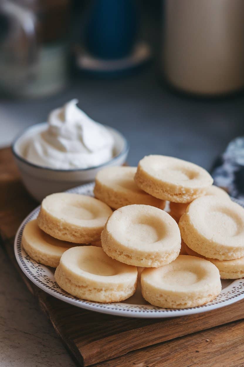 Indoor image of pale cream cheese sugar cookies with slightly puffed centers, next to a small bowl of whipped cream cheese. No text or logos.