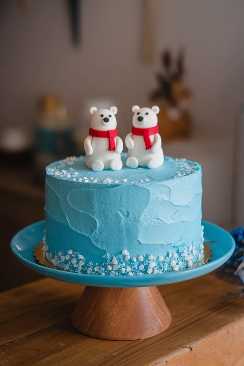 Indoor cake stand featuring a blue-iced cake topped with two small white fondant polar bears wearing red scarves, photo, not illustration, no text or logos.