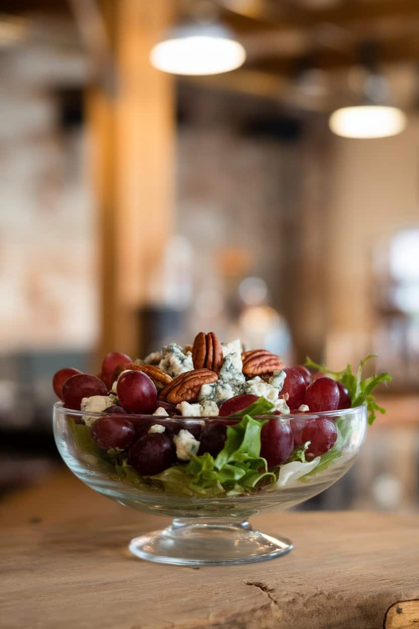 Indoor photo of split red grapes, crumbled blue cheese, and toasted pecans over mixed greens, presented in a glass salad bowl. No text or logos.