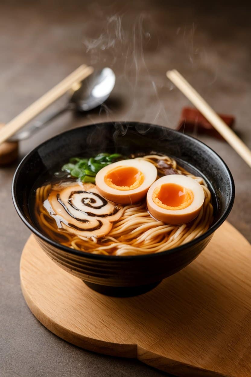 Indoor photo of a steaming ramen bowl with dark broth, noodles peeking out, topped with soft-boiled egg and black garlic purée swirl; no text or logos.