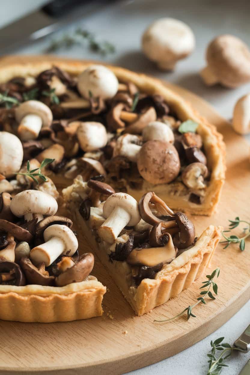 Indoor photo of a sliced puff-pastry tart topped with assorted cooked wild mushrooms and thyme, no text or logos