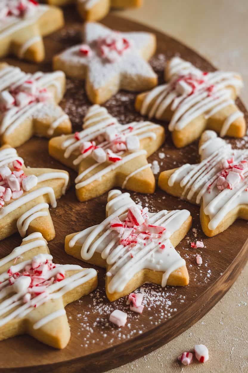Indoor photo of star-shaped sugar cookies drizzled with white chocolate and sprinkled with crushed candy canes. No logos.