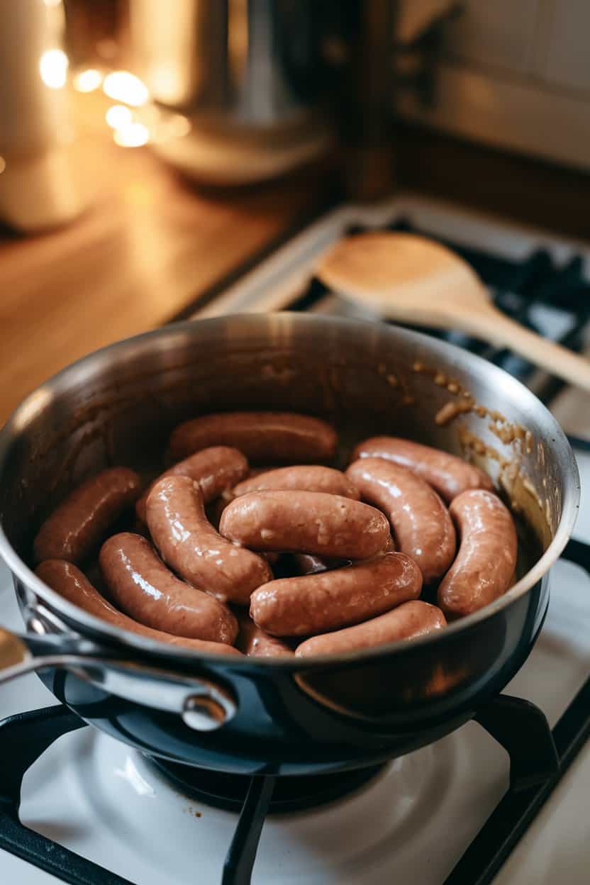 Indoor saucepan holding glossy mini sausages coated in maple glaze, a wooden spoon in view. Warm, cozy lighting, no logos or text. Photo, not illustration.