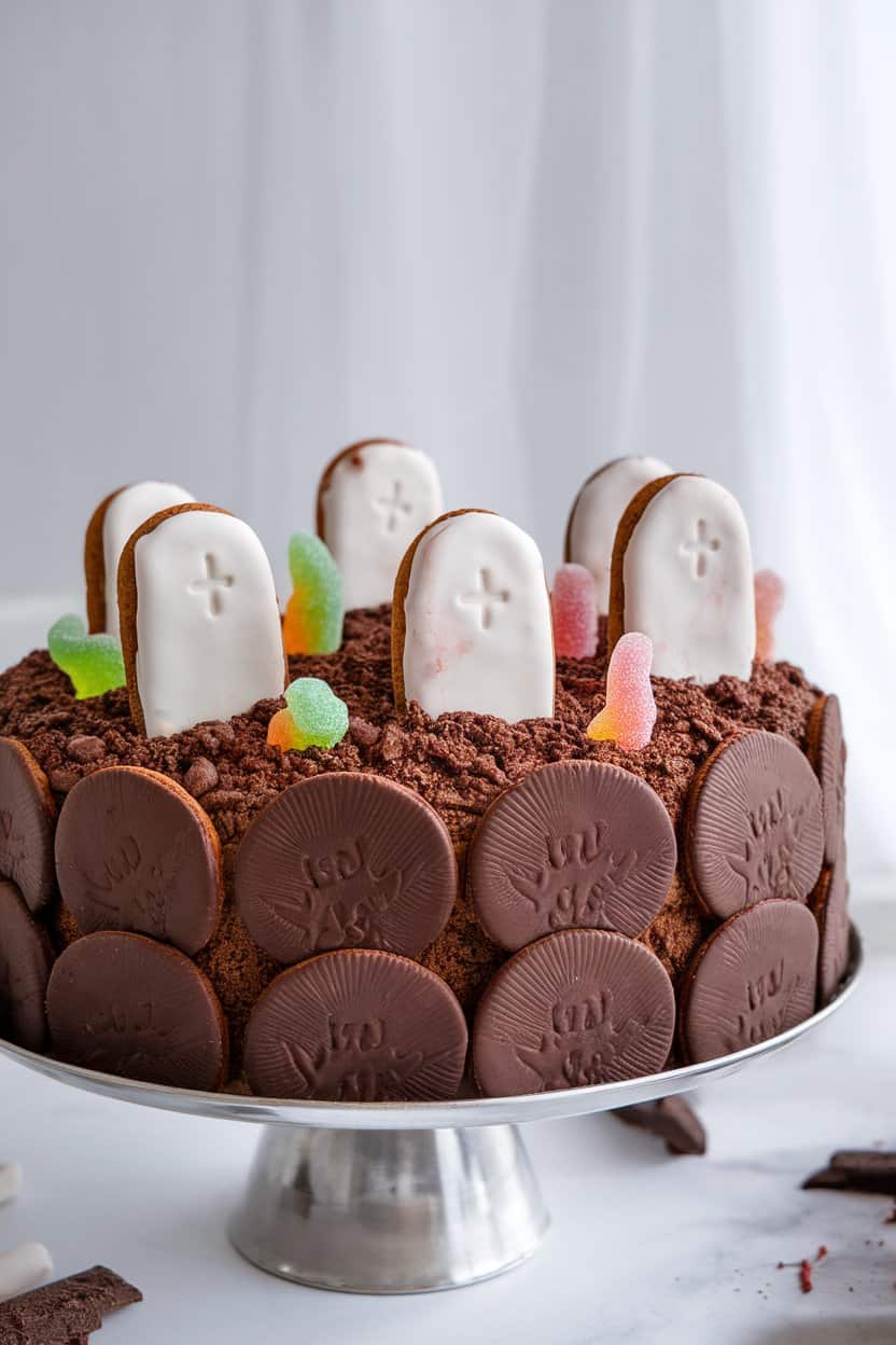 Photo of an indoor dessert platter layered with chocolate cookie “dirt” crumbles, topped by rectangular cookies iced as headstones and gummy worms peeking out—no text or logos.