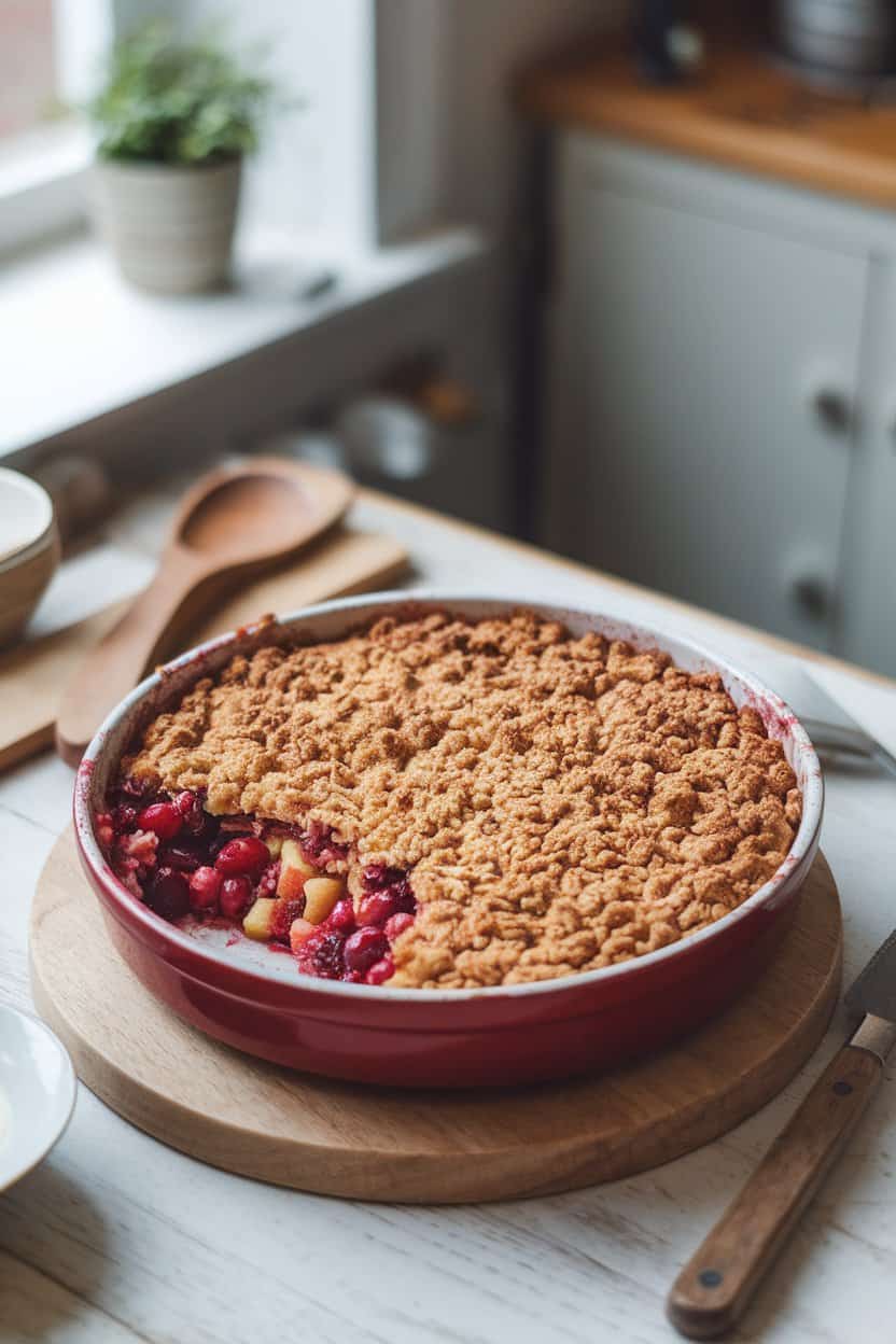 An indoor kitchen table with a bubbling baking dish of cranberry-apple crumble, oat topping browned, a scoop missing to reveal the vibrant filling. No text or logos, photo only.