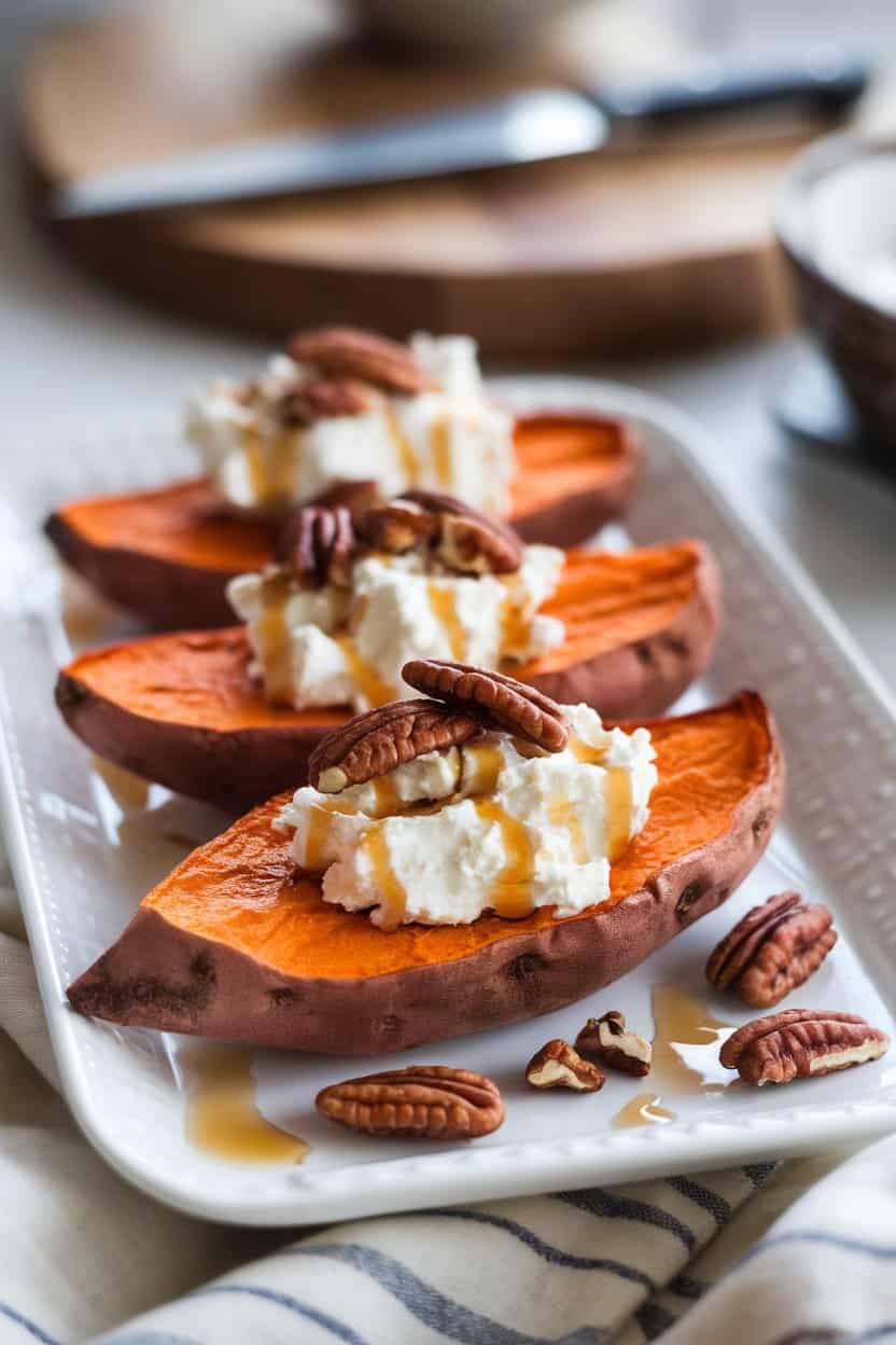 A white platter indoors featuring roasted sweet potato slices topped with whipped feta, toasted pecans, and a drizzle of maple syrup. Soft lighting, no text or logos, photo.