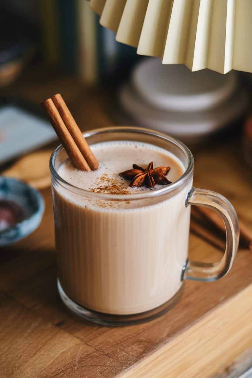 Clear mug indoors with warm cardamom-vanilla almond milk, tiny froth on top, cinnamon dusting; relaxed lamp glow, no text or logos. Photo only.