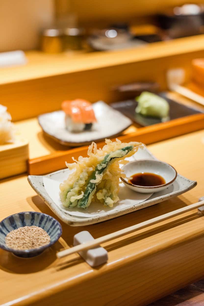 Photo of an indoor sushi bar setting showing a small plate of golden, airy green bean tempura with a soy dipping sauce; no text or logos