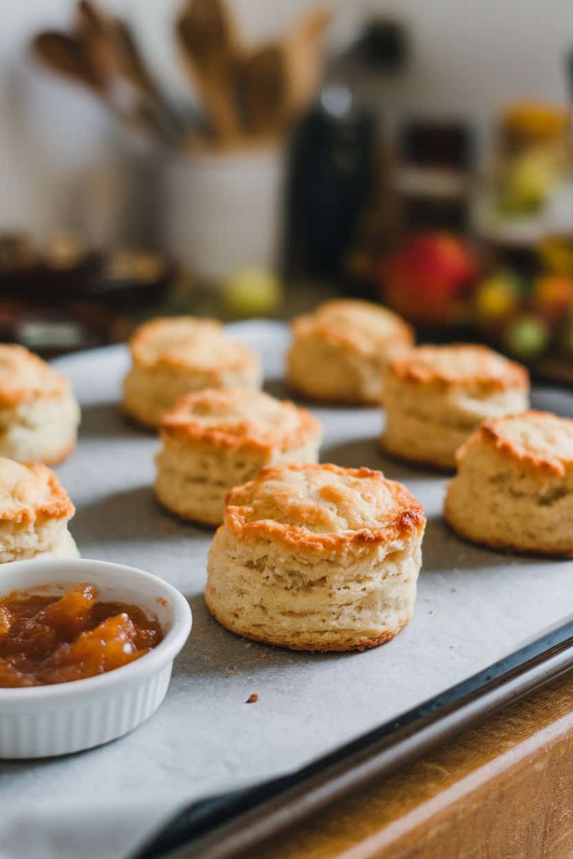 Indoor photo of flaky apple-cheddar drop biscuits on a baking sheet, a small dish of apple butter nearby, no text or logos