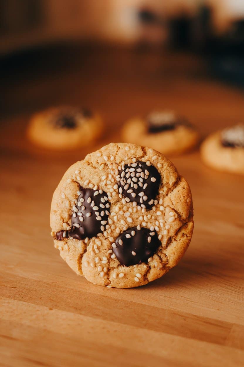 Photo prompt: Indoor countertop with golden cookies showing dark chocolate pools and sesame seeds on top, warm light, no text or logos.