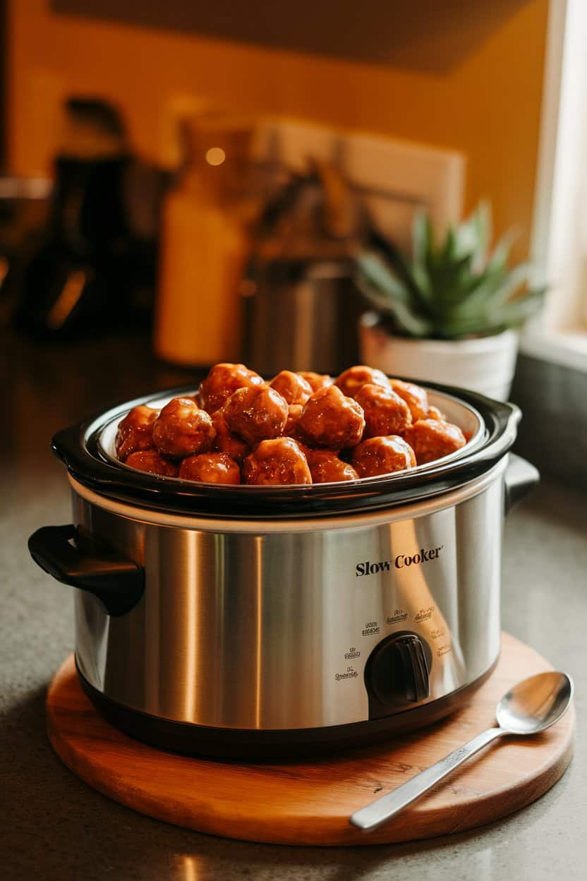 Indoor slow cooker set on a countertop filled with glazed cocktail meatballs, a serving spoon resting nearby. Warm lighting, no brand names visible. Photo only.