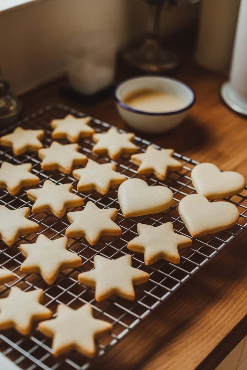 A warmly lit indoor kitchen counter topped with a cooling rack of classic cut-out sugar cookies shaped like stars and hearts, pale golden edges, and a small bowl of royal icing nearby. Photo, no text or logos visible.