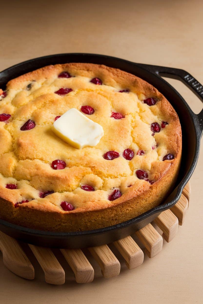 An indoor cast-iron skillet on a wooden trivet containing golden cornbread with cranberries visible inside, a pat of melting butter on top. No text or logos, photo only.
