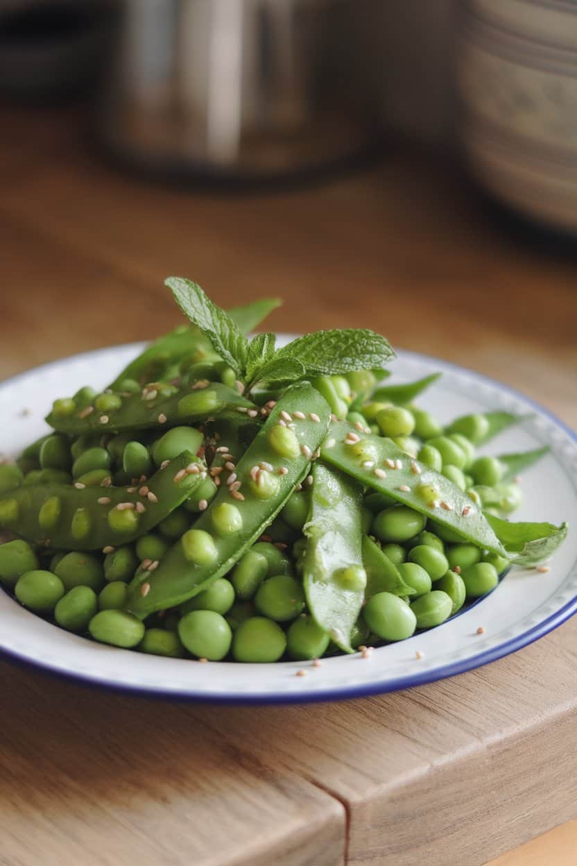Indoor photo of bright green snow-pea strips, shelled edamame, and fresh mint leaves tossed in a light sesame-lime dressing on a white plate. No text or logos.