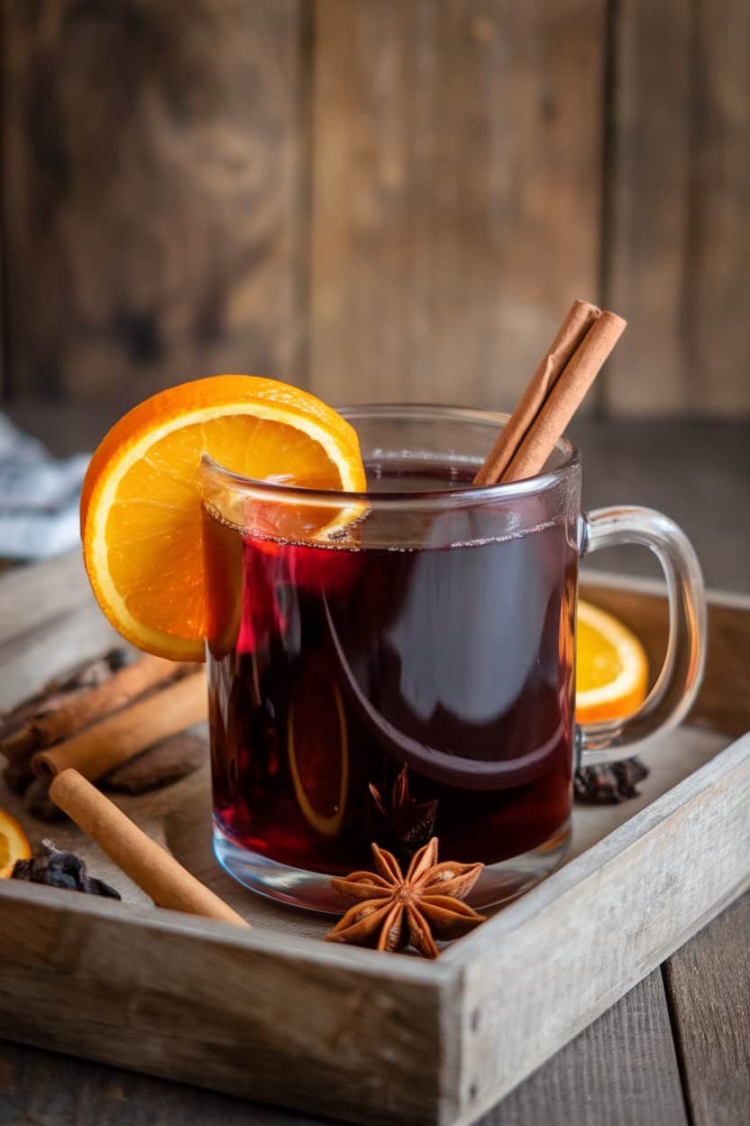 Indoor photo of a clear mug of deep red mulled wine garnished with an orange wheel and cinnamon stick, no text or logos