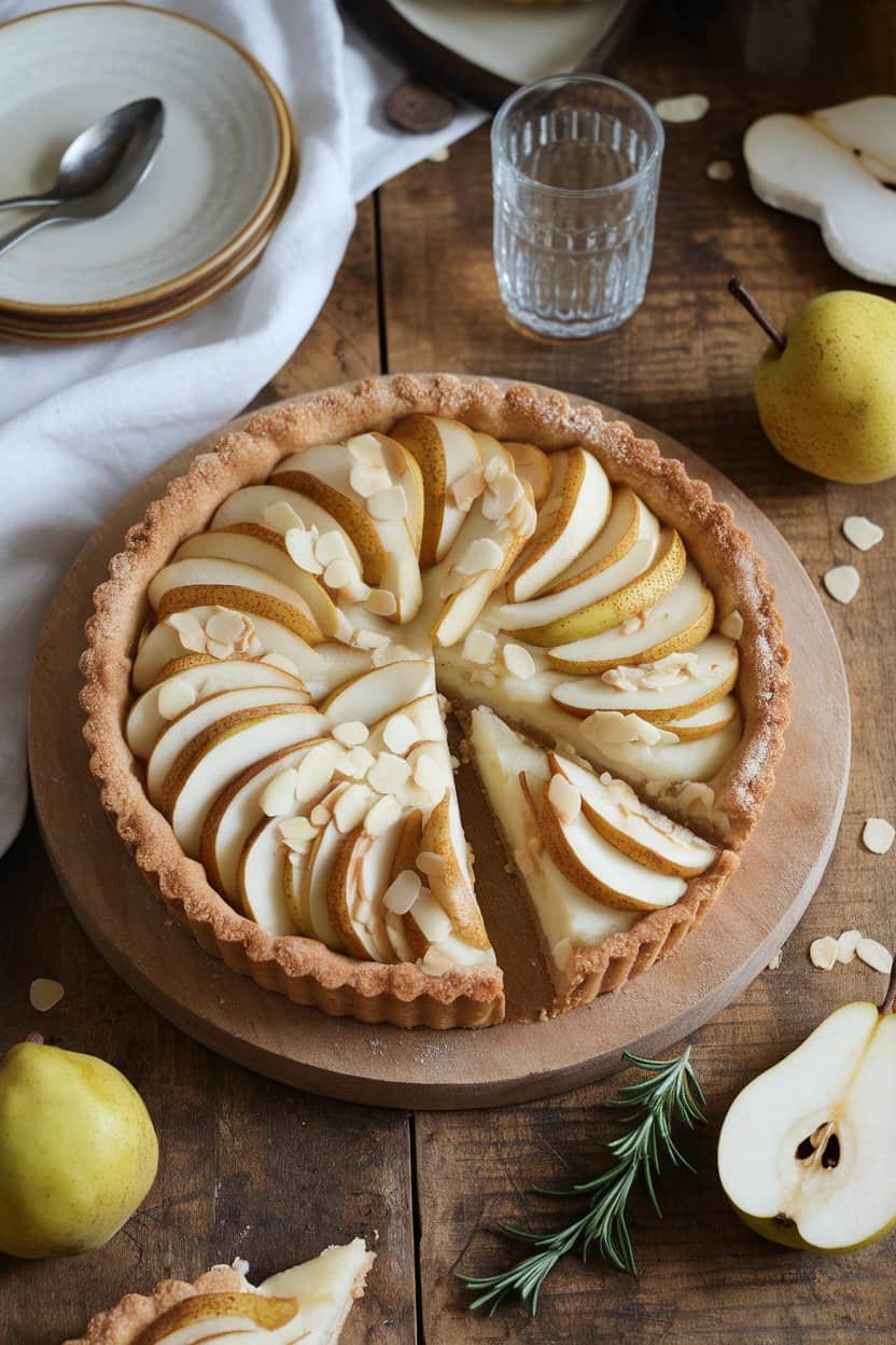 An indoor brunch table with a rustic pear tart nestled in frangipane filling, edges of buttery crust visible, sliced almonds scattered on top. No text or logos. Photo.