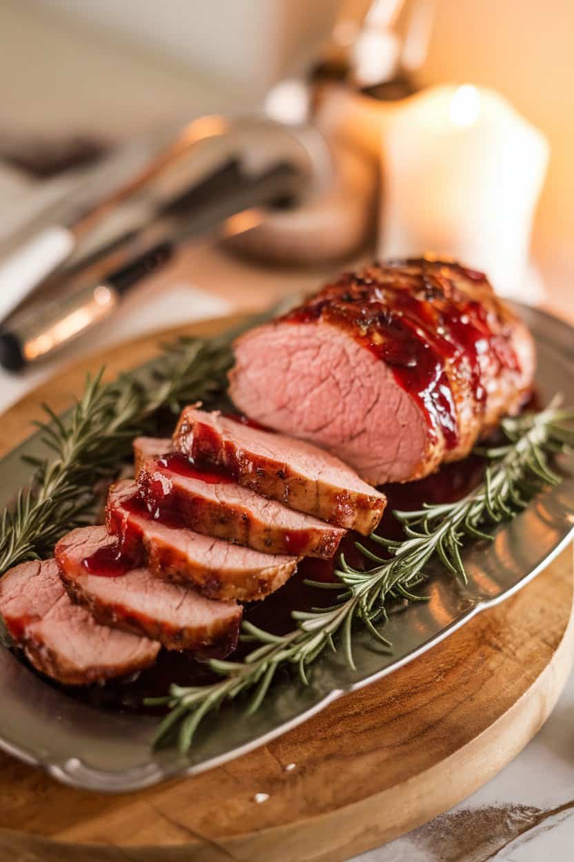 Indoor photo of sliced pork tenderloin drizzled with cranberry-orange glaze on a serving platter, garnished with fresh rosemary, no text or logos