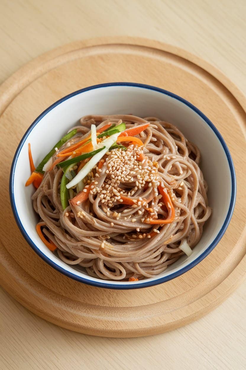 Indoor photo of a bowl of chilled soba noodles tossed with julienned vegetables and sprinkled with sesame seeds; clean minimal background; no text or logos.
