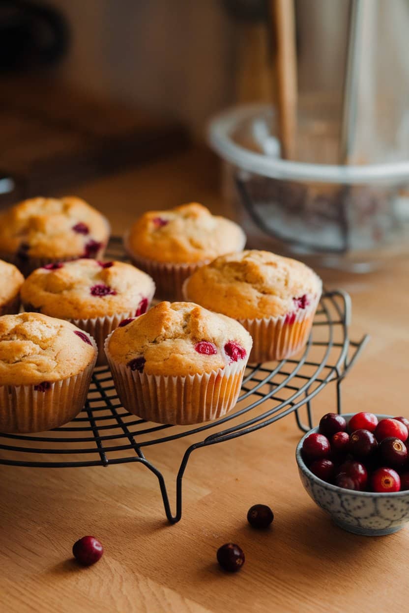 An indoor bakery countertop with a wire rack holding golden cranberry-orange muffins, ruby berry flecks visible, next to a small bowl of fresh cranberries. Warm light, no text or logos, photo only.