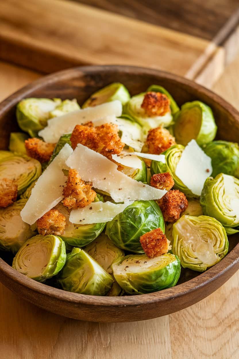 Indoor photo of halved, roasted Brussels sprouts tossed with Caesar dressing and topped with shaved Parmesan and crunchy croutons inside a rustic wooden bowl. No text or logos.
