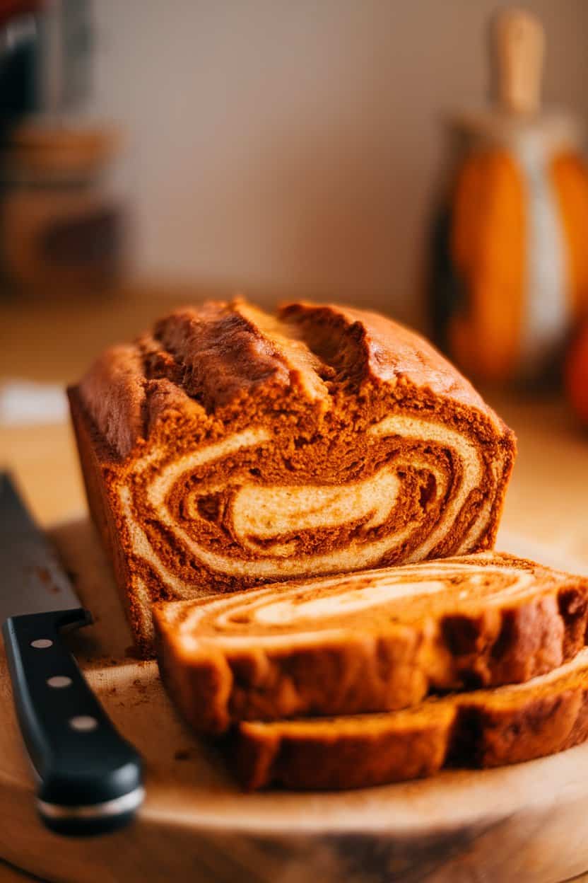 Indoor photo of a sliced loaf of cinnamon swirl pumpkin bread on a wooden board, swirls clearly visible, no text or logos