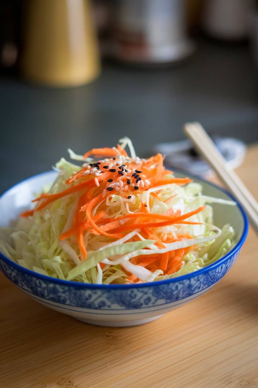 Indoor photo of thinly shredded napa cabbage and carrots tossed with ginger dressing and sprinkled with white and black sesame seeds in a porcelain bowl. No text or logos.