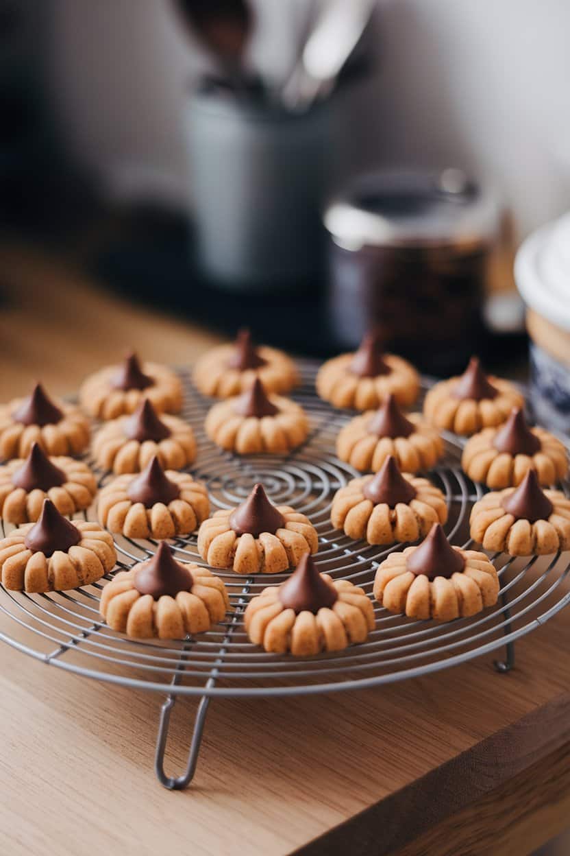 An indoor cookie-cooling rack with a batch of golden peanut butter blossom cookies, each crowned with a chocolate kiss, photographed slightly overhead. No text or logos. Photo.