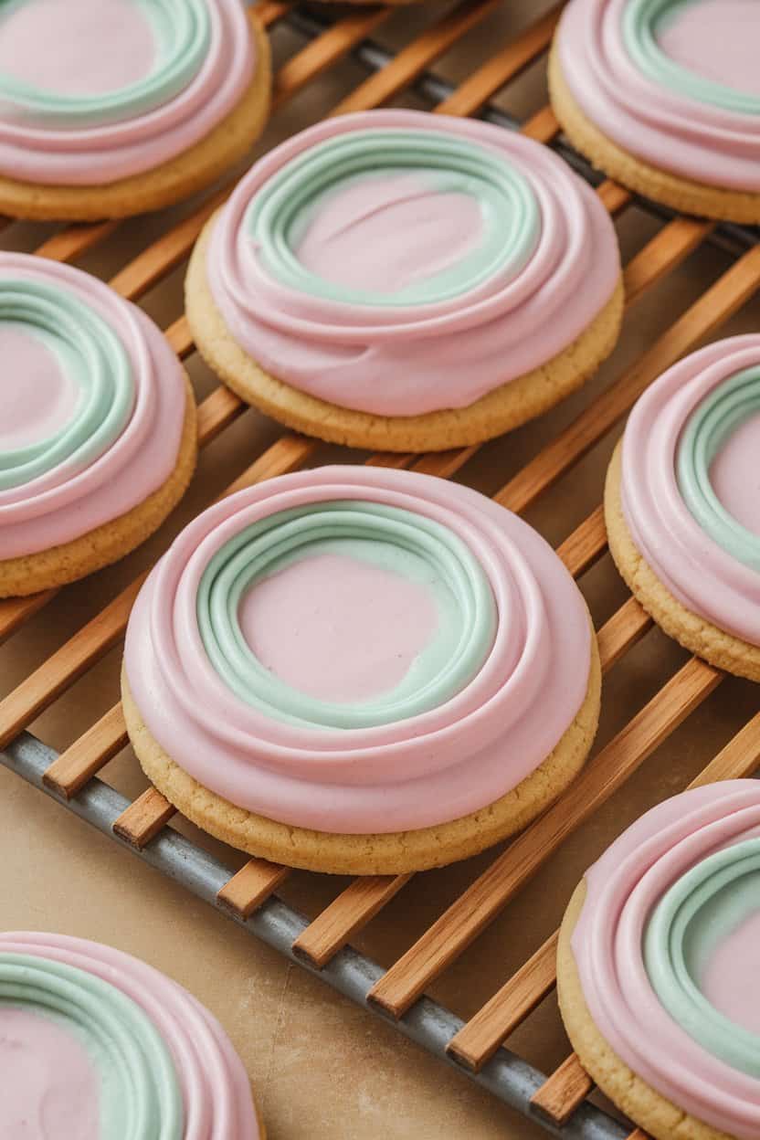Photo of thick, pillowy sugar cookies frosted with pastel pink icing, set on an indoor cooling rack. No text or logos.