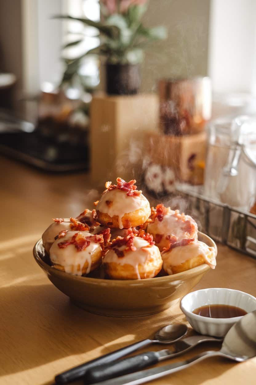 A warmly lit indoor breakfast bar with a bowl of maple-glazed doughnut holes sprinkled with crispy bacon bits, steam faintly rising. No text or logos. Photo.