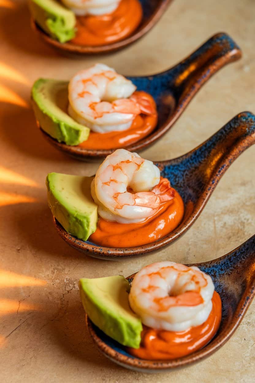 Indoor ceramic spoon tasters each holding a cooked shrimp atop spicy sriracha mayo and a slice of avocado. Warm lighting, no text or logos, photo.
