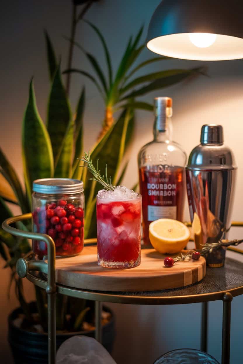 Indoor bar cart scene featuring a lowball glass filled with a ruby-red cranberry bourbon smash, crushed ice, and a sprig of rosemary; warm, moody lighting, no text or logos. Photo only.