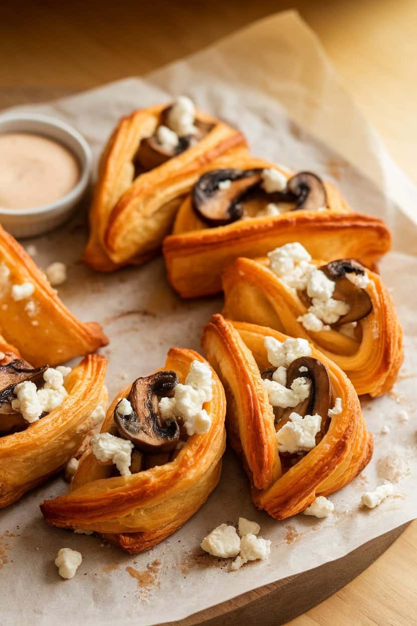 Indoor photo of golden pastry twists studded with sautéed mushrooms and goat cheese crumbles on parchment paper; soft warm light; no text or logos.