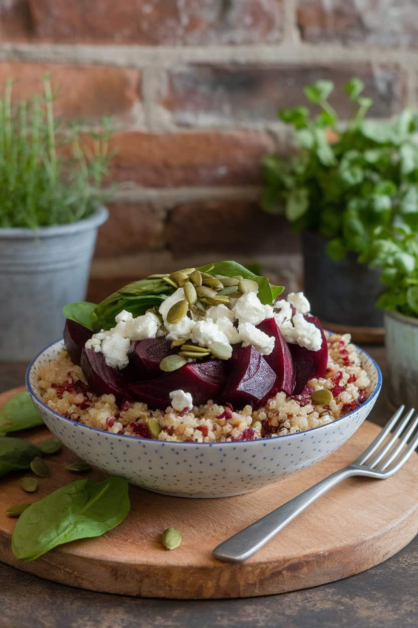 Indoor photo of a quinoa bowl layered with roasted beet wedges, crumbled goat cheese, spinach leaves, and pumpkin seeds, no text or logos