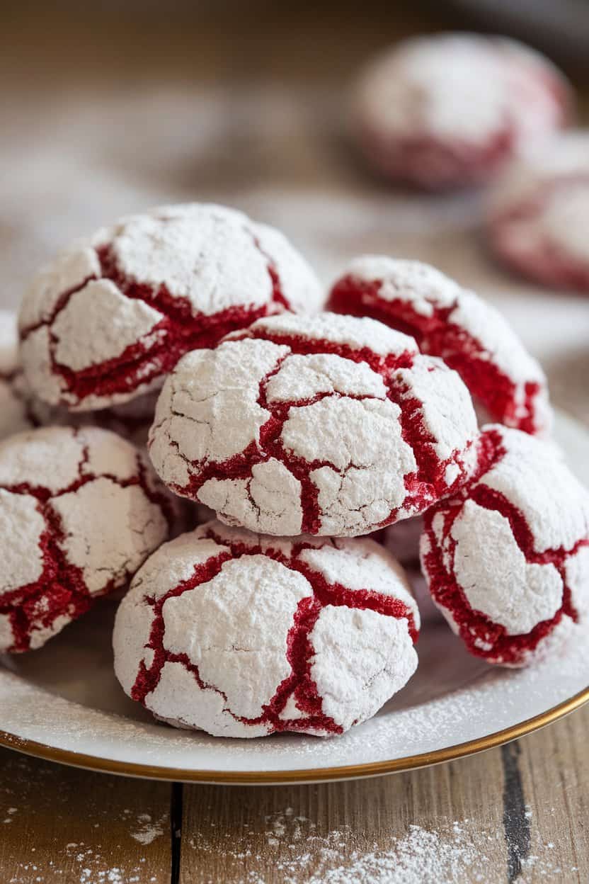 Photo of an indoor plate with deep-red crinkle cookies coated in powdered sugar, cracks revealing vibrant red interiors—no text or logos.