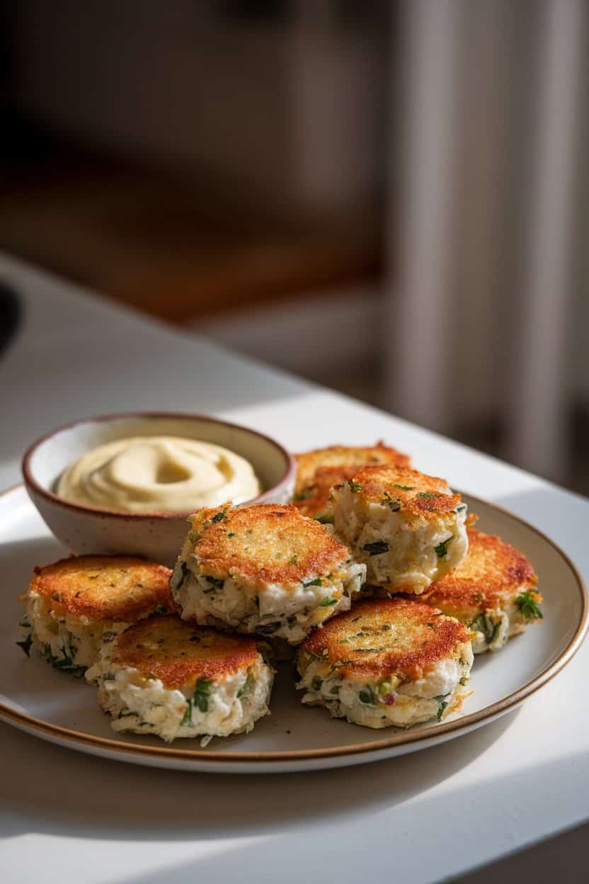 Indoor plate of bite-size crab cakes with golden crust, a small bowl of lemon aioli beside them. Soft kitchen lighting, no branding. Photo only.