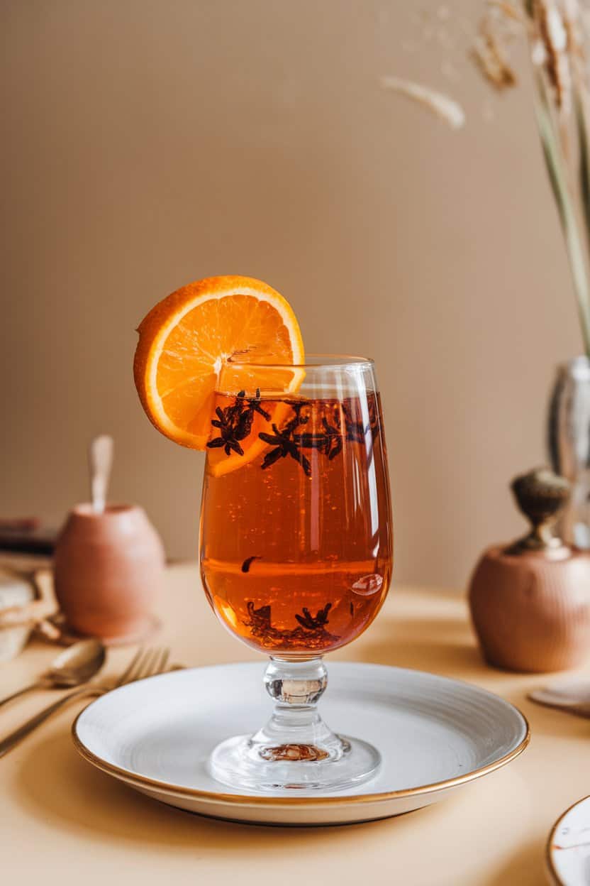 Stemmed glass indoors with amber sparkling tea, orange wheel studded with cloves floating on top; brunch setting, no text or logos. Photo only.