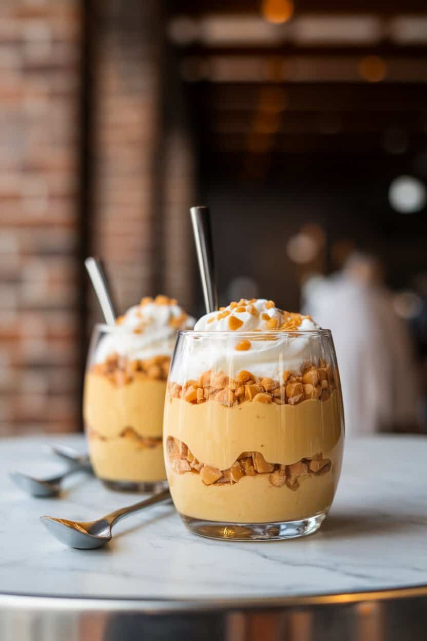 An indoor cafe-style table with glass tumblers layered with butterscotch pudding, whipped cream, and crushed toffee bits, small spoons resting alongside. No text or logos. Photo.