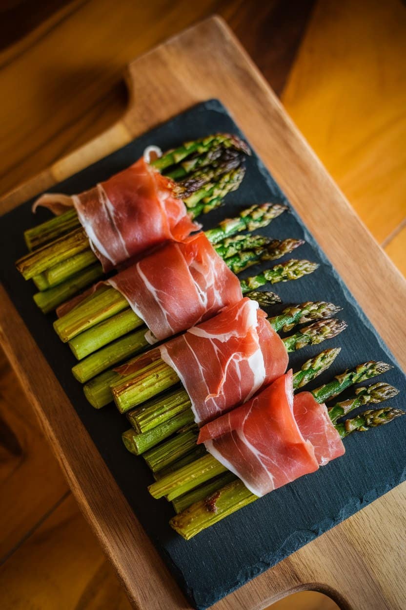 Indoor photo of roasted asparagus spears wrapped in thin prosciutto on a slate serving board, edges crinkled and crisp; warm overhead lighting; no text or logos.