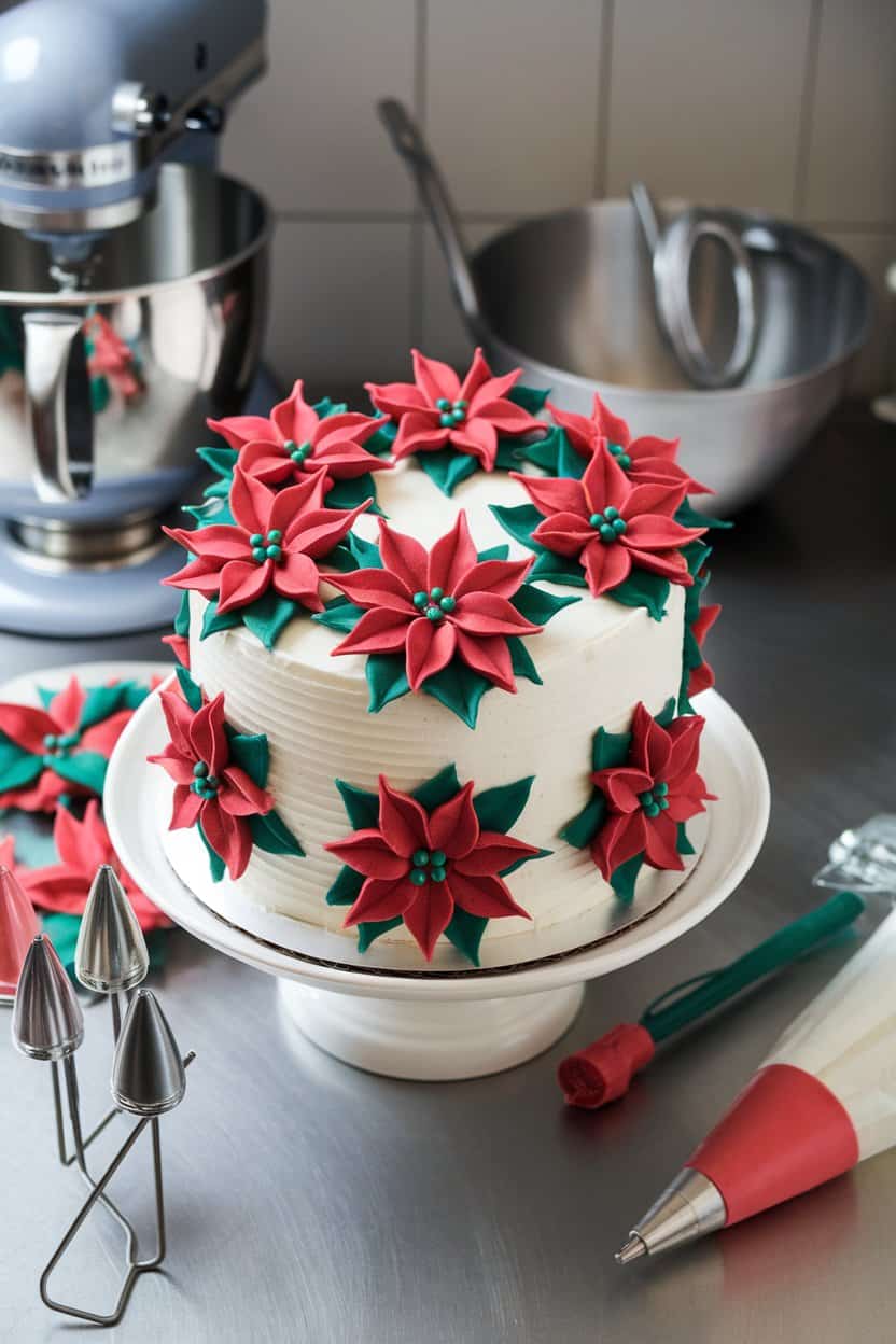 Indoor bakery setting showing a cake topped with red and green buttercream poinsettias using petal tips, no text or logos.