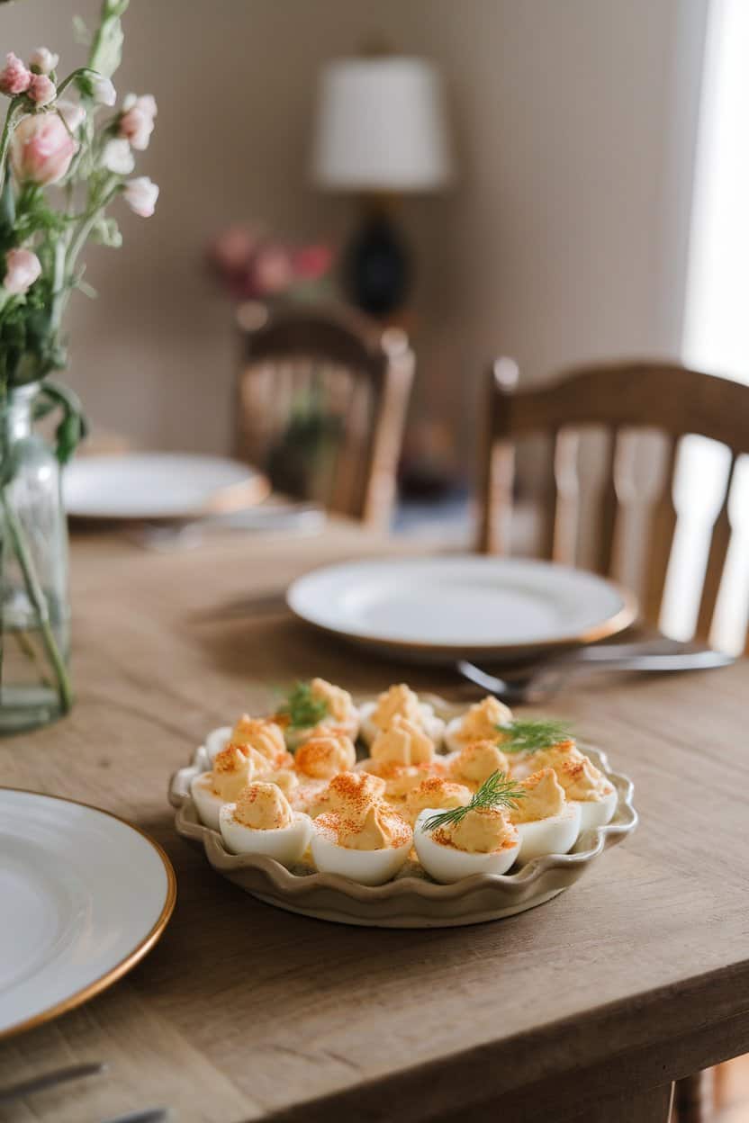An indoor farmhouse table featuring a ceramic egg plate filled with deviled eggs topped with tiny dill sprigs and a dusting of paprika. Soft afternoon light, no text or logos, photo.